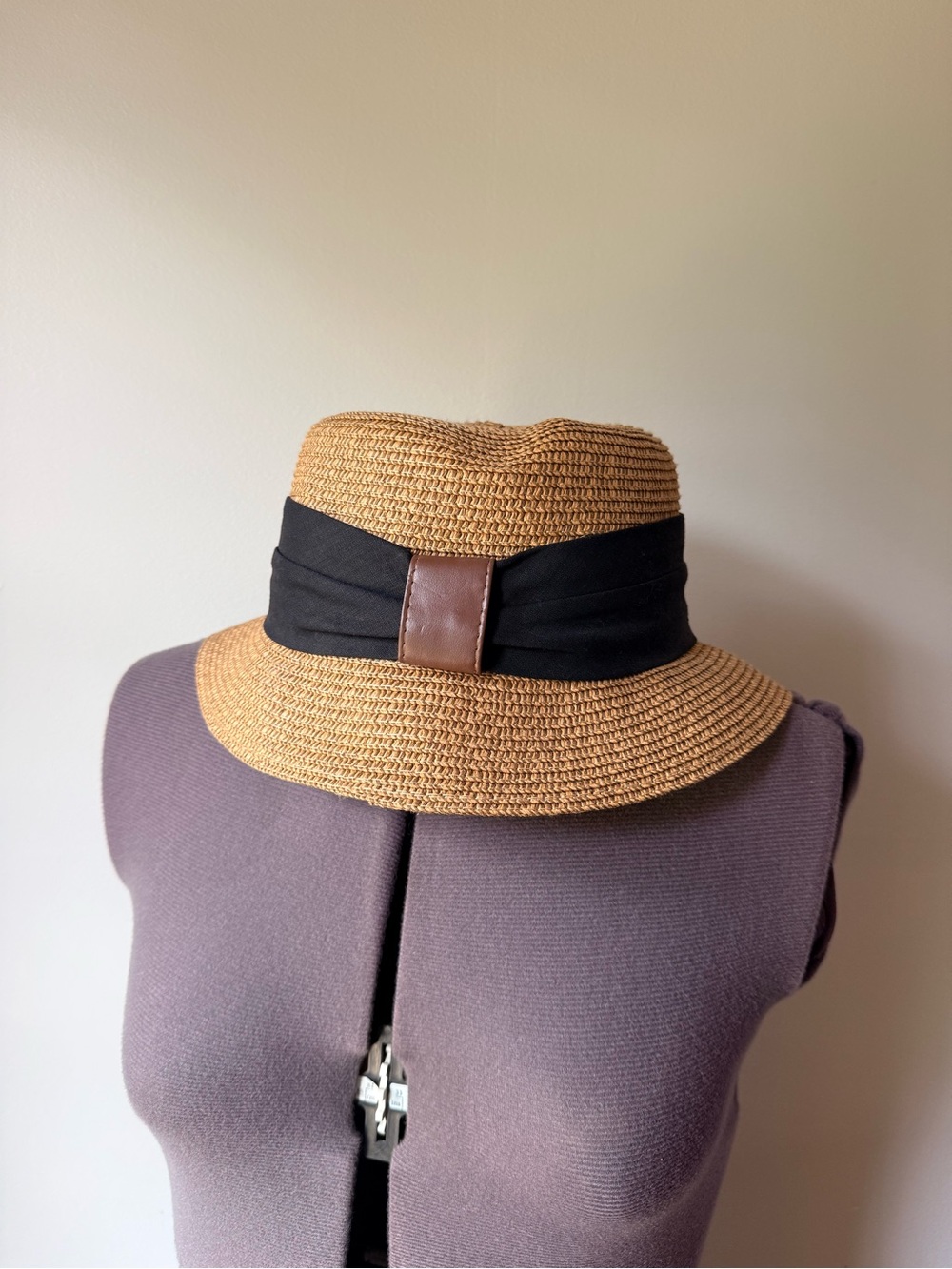 Straw Sun Hat with Black Band and Brown Accent